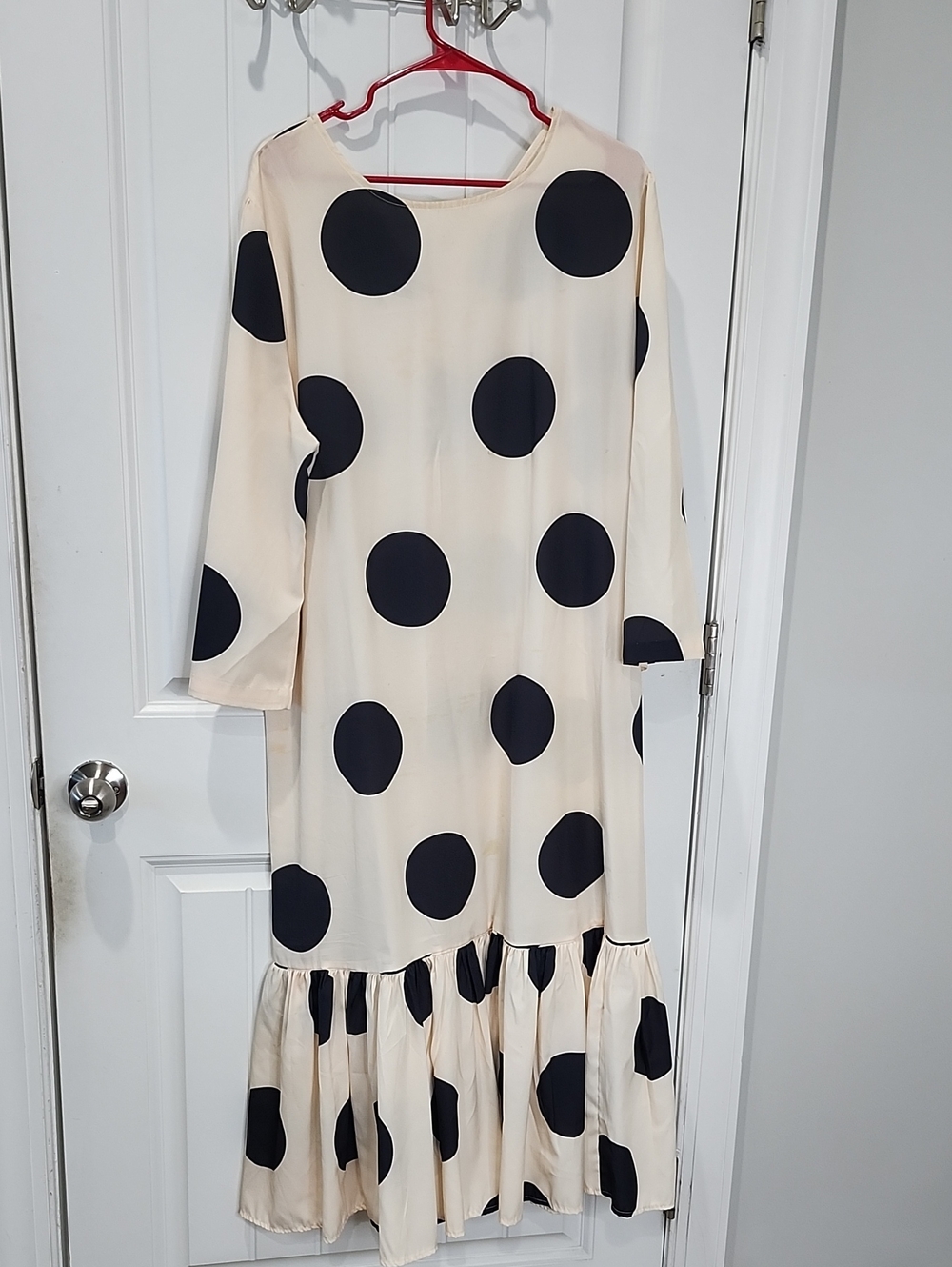 Cream Polka Dot Long Sleeve Ruffle Hem Dress